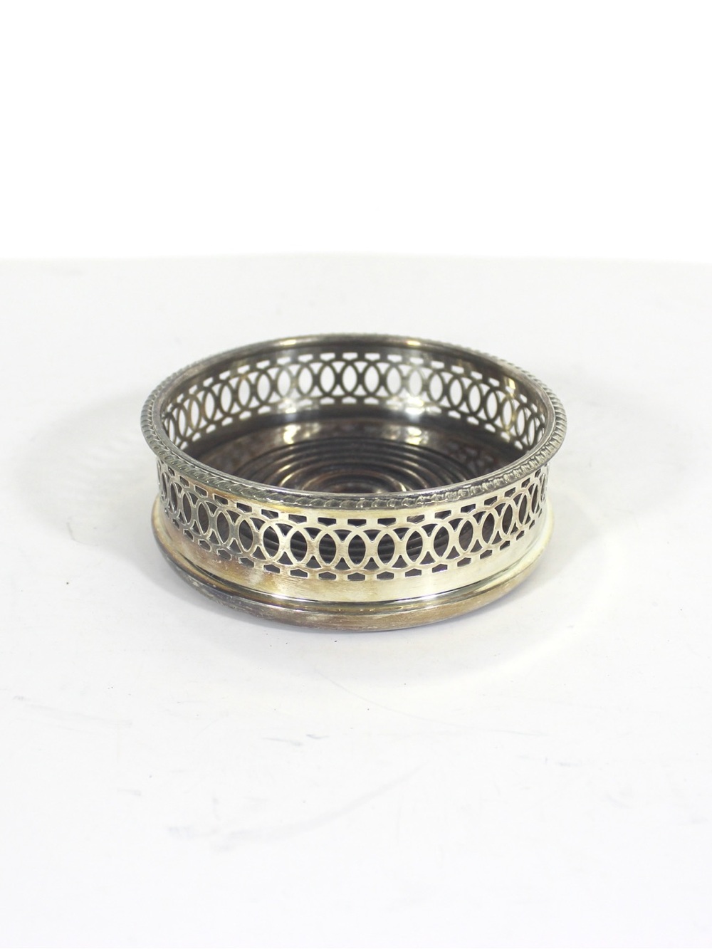 Vintage Silver Plated Wine Coaster with Wood Base Pierced Sides, Bottle Holder